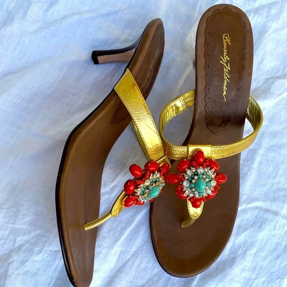 Beverly Feldman jeweled sandals heels gold turquoise size 11 - Picture 4 of 13